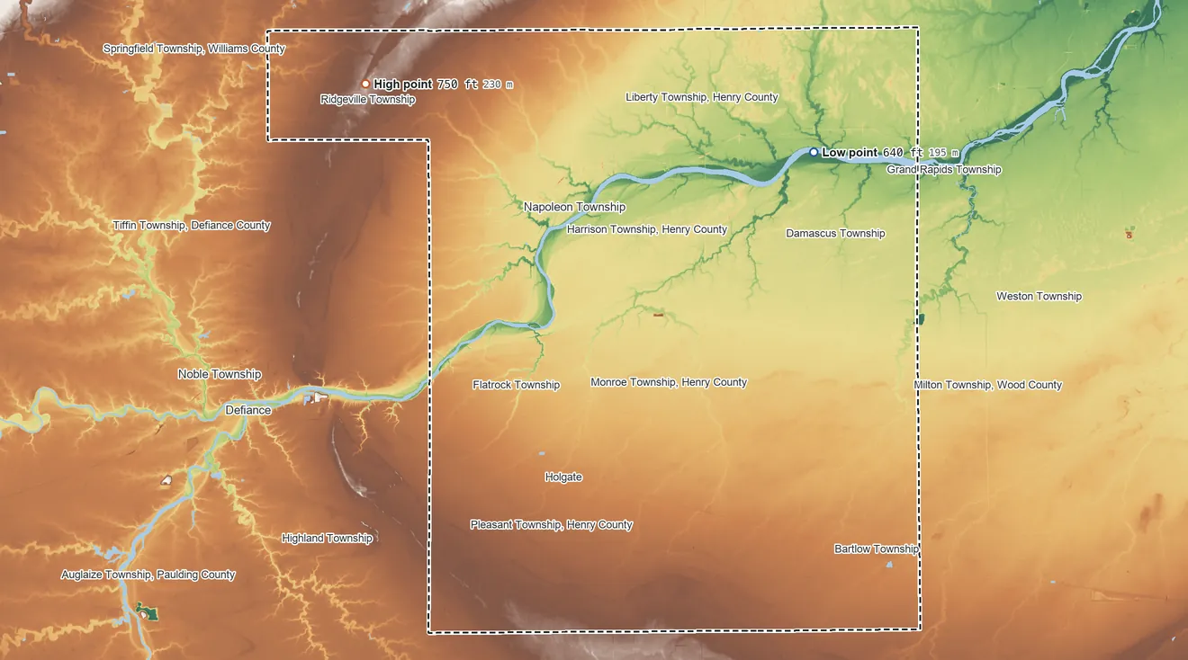 Topographic elevation map of Henry County, Ohio, shaded from 640 ft on the northeast side to 750 ft on the northwest side