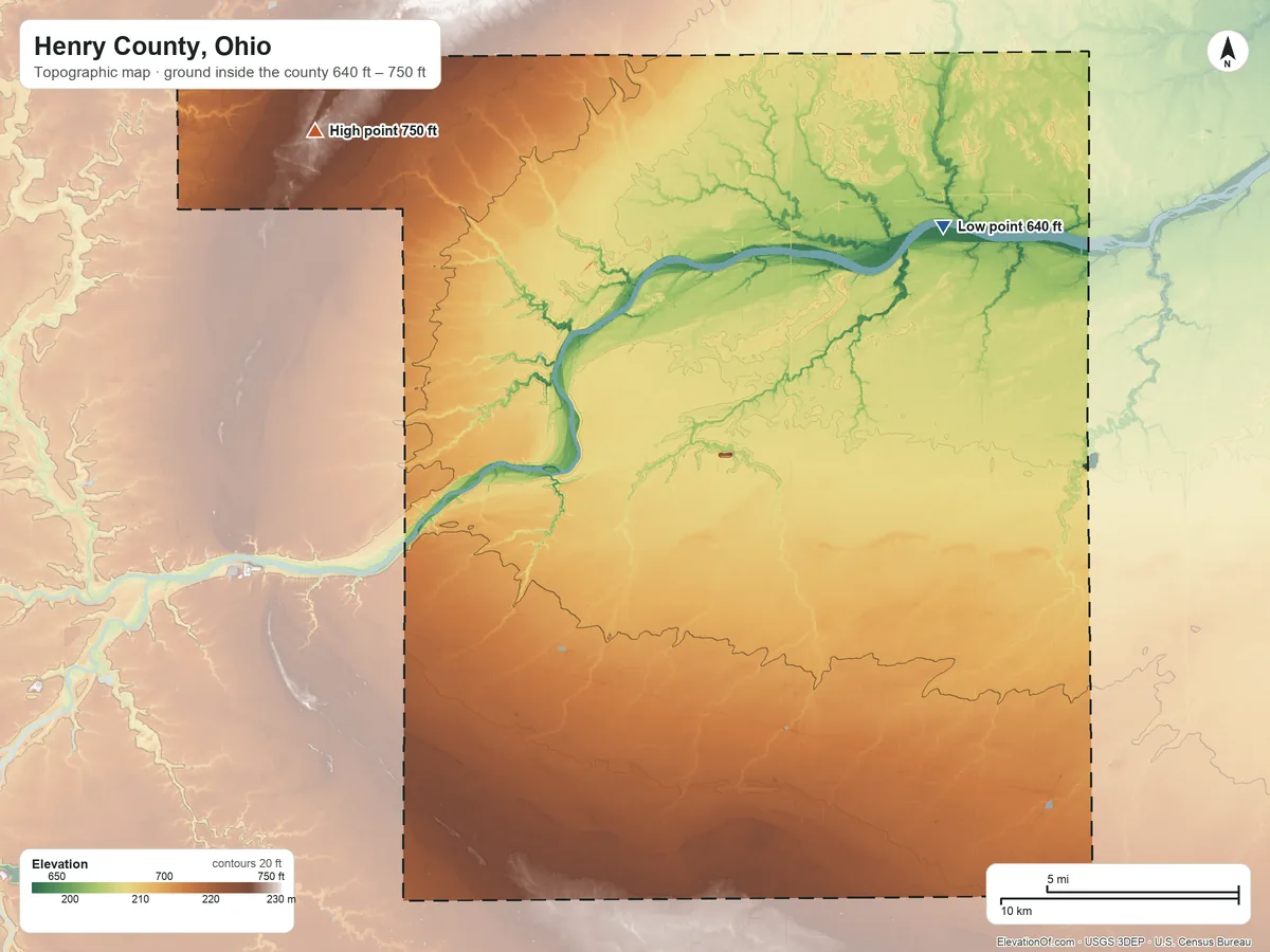 Topographic elevation map of Henry County, Ohio, shaded from 640 ft on the northeast side to 750 ft on the northwest side
