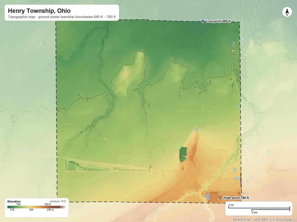 Topographic elevation map of Henry Township, Ohio, shaded from 680 ft on the north side to 780 ft on the southeast side