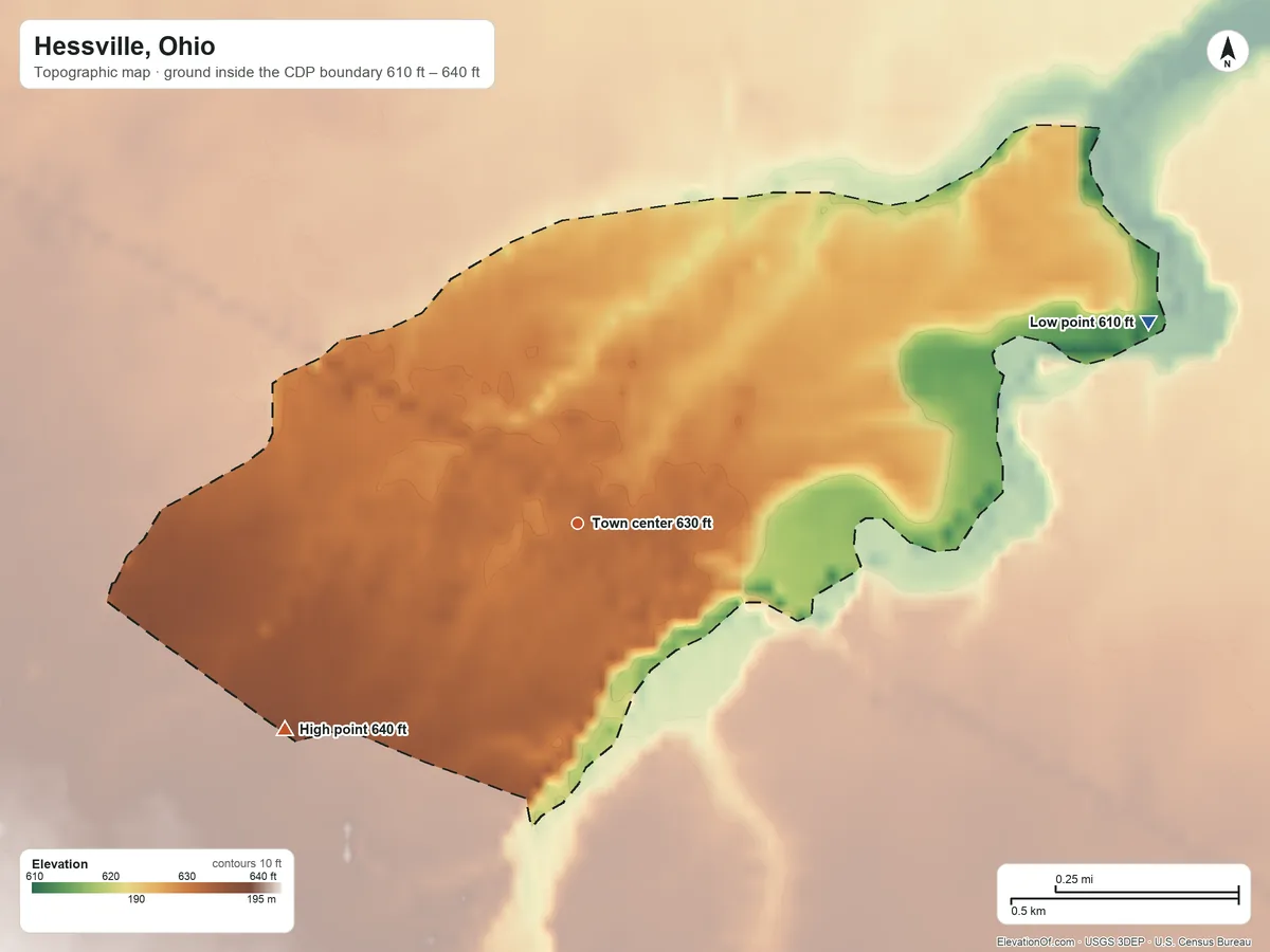 Topographic elevation map of Hessville, Ohio, shaded from 610 ft on the east side to 640 ft on the southwest side