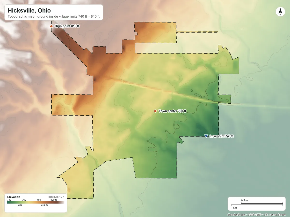 Topographic elevation map of Hicksville, Ohio, shaded from 740 ft on the southeast side to 810 ft on the northwest side