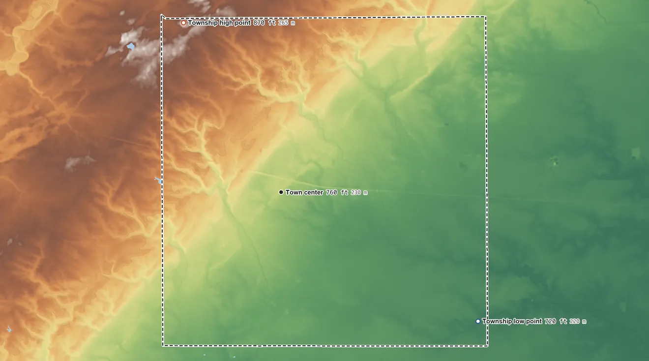Topographic elevation map of Hicksville Township, Ohio, shaded from 720 ft on the southeast side to 870 ft on the northwest side