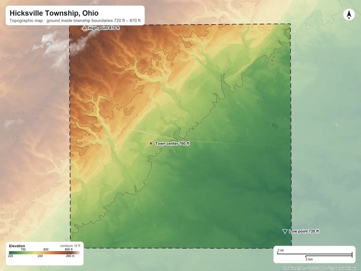 Topographic elevation map of Hicksville Township, Ohio, shaded from 720 ft on the southeast side to 870 ft on the northwest side