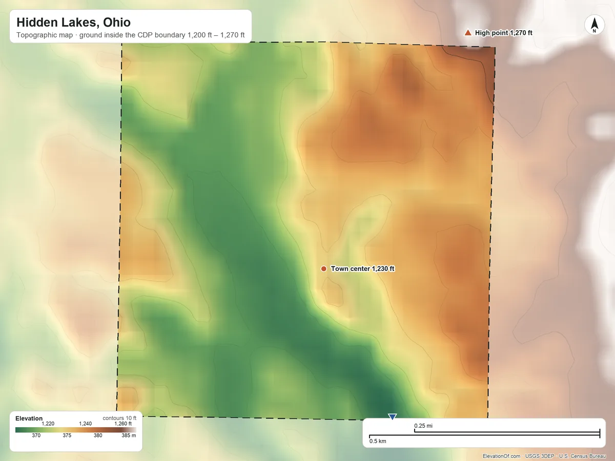 Topographic elevation map of Hidden Lakes, Ohio, shaded from 1,200 ft on the southeast side to 1,270 ft on the northeast side