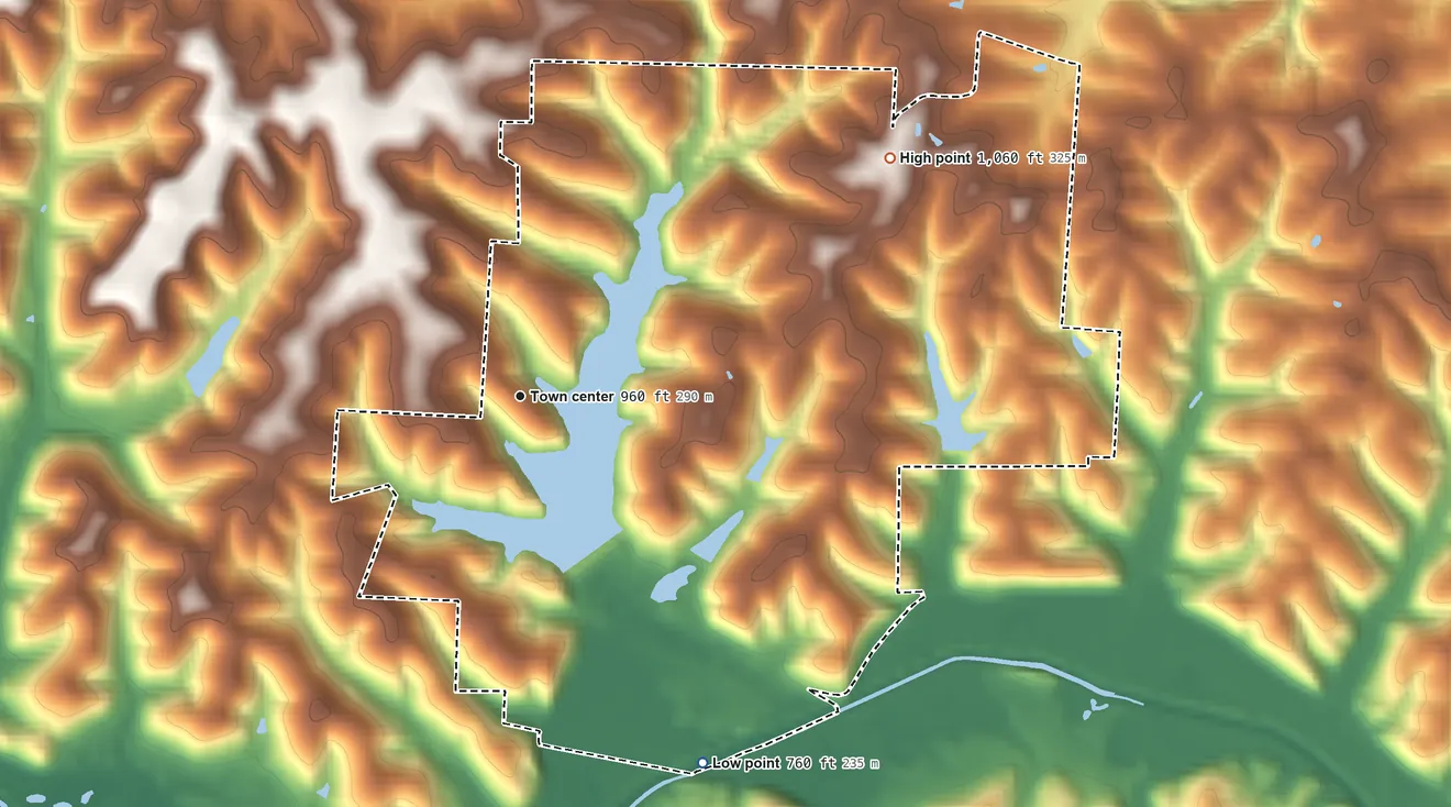 Topographic elevation map of Hide-A-Way Hills, Ohio, shaded from 760 ft on the southeast side to 1,060 ft on the northeast side