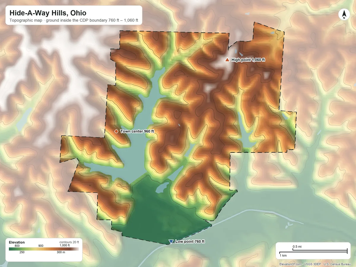 Topographic elevation map of Hide-A-Way Hills, Ohio, shaded from 760 ft on the southeast side to 1,060 ft on the northeast side