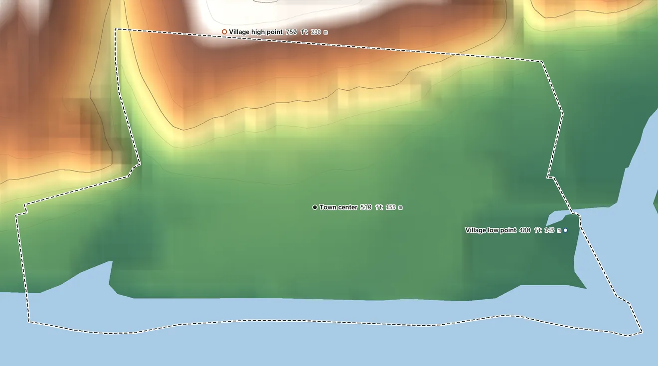 Topographic elevation map of Higginsport, Ohio, shaded from 480 ft on the east side to 750 ft on the northwest side