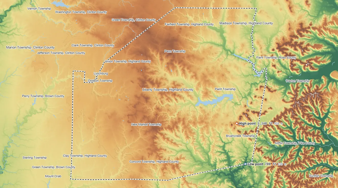 Topographic elevation map of Highland County, Ohio, shaded from 700 ft on the southeast side to 1,340 ft on the southeast side