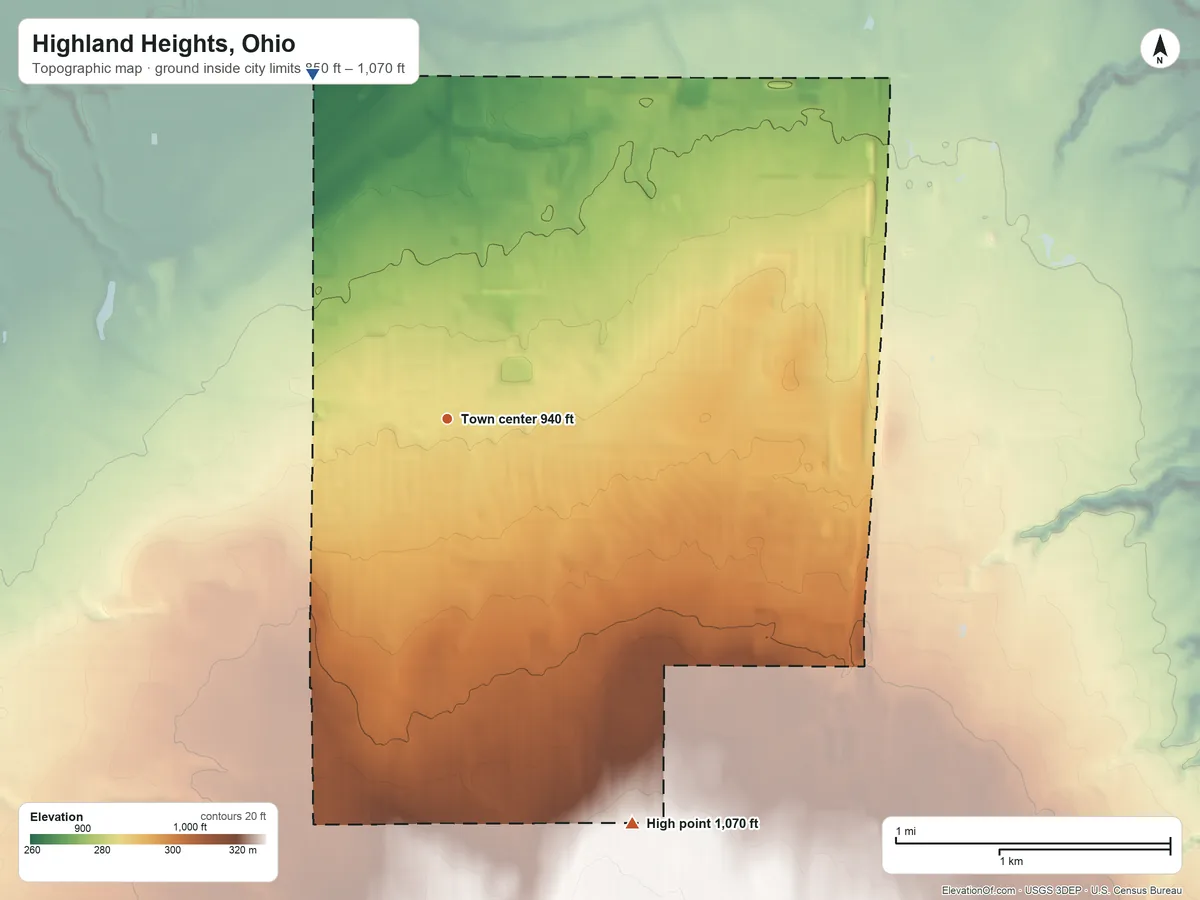 Topographic elevation map of Highland Heights, Ohio, shaded from 850 ft on the north side to 1,070 ft on the southeast side