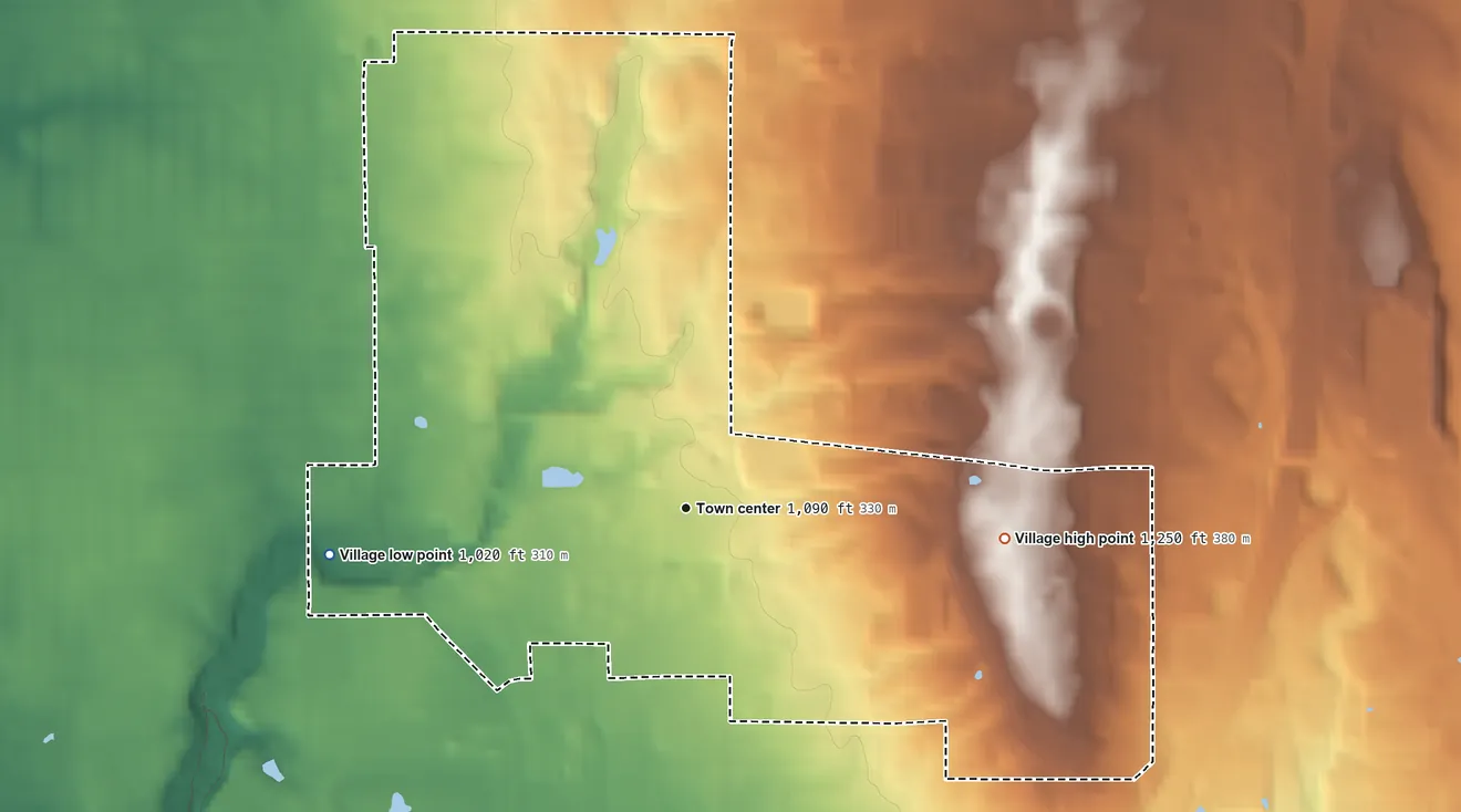 Topographic elevation map of Highland Hills, Ohio, shaded from 1,020 ft on the west side to 1,250 ft on the east side