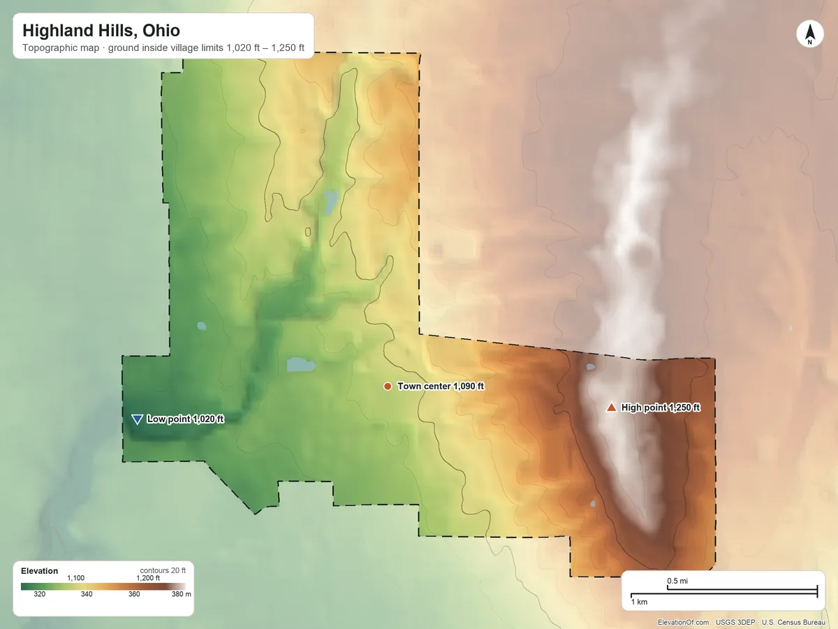 Topographic elevation map of Highland Hills, Ohio, shaded from 1,020 ft on the west side to 1,250 ft on the east side