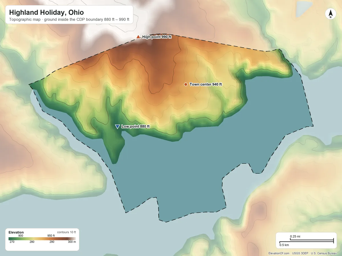 Topographic elevation map of Highland Holiday, Ohio, shaded from 880 ft on the southwest side to 990 ft on the northwest side