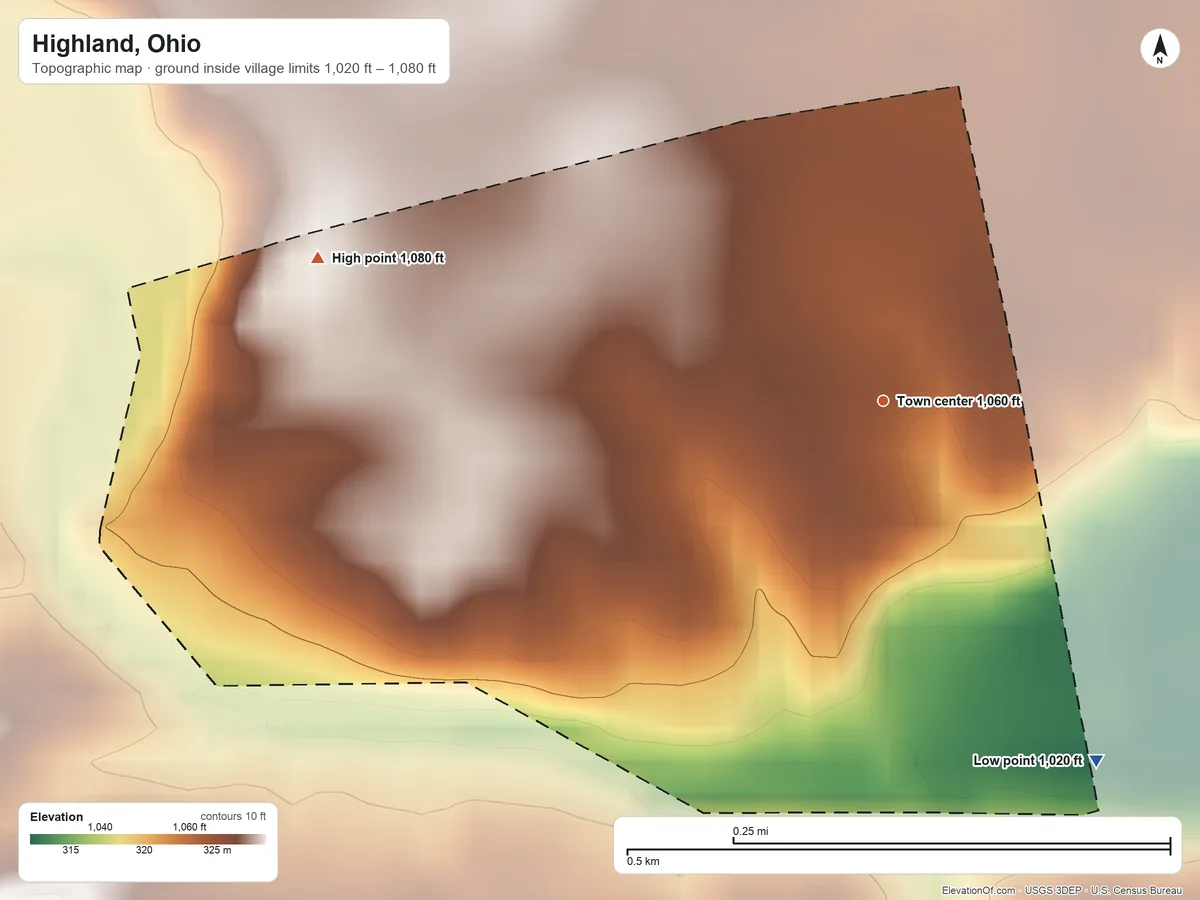 Topographic elevation map of Highland, Ohio, shaded from 1,020 ft on the southeast side to 1,080 ft on the west side