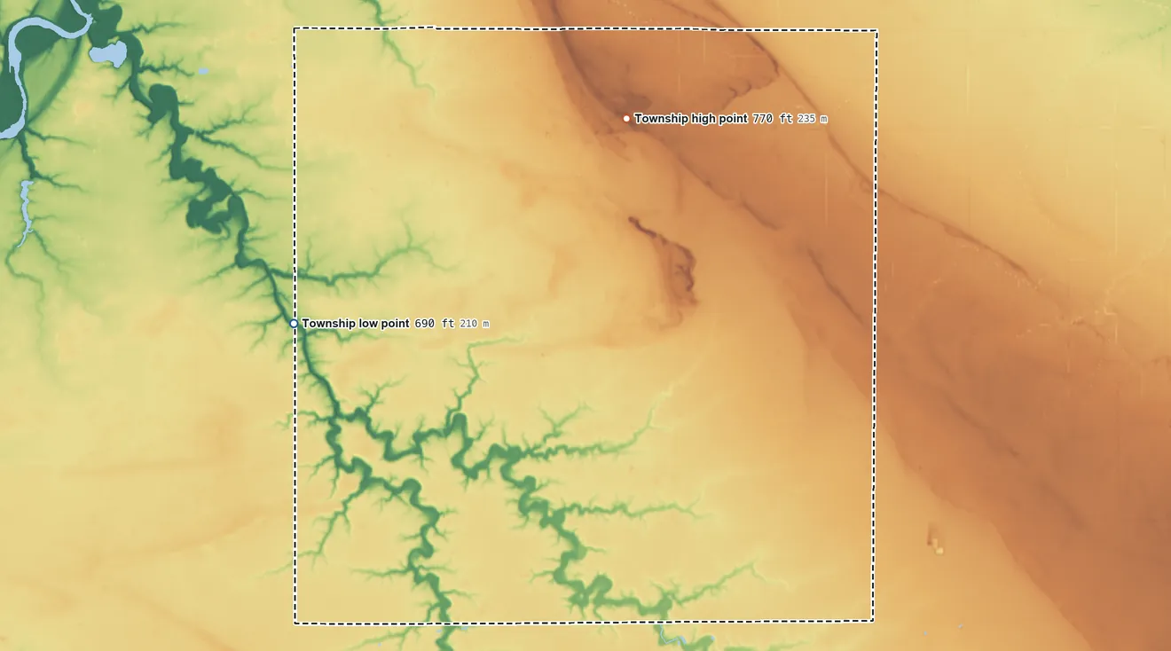 Topographic elevation map of Highland Township, Ohio, shaded from 690 ft on the west side to 770 ft on the northeast side