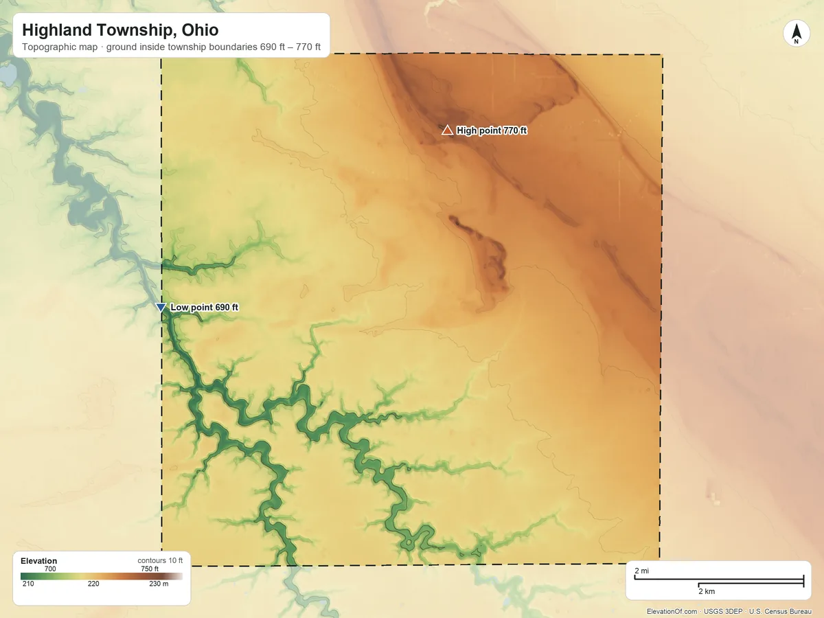 Topographic elevation map of Highland Township, Ohio, shaded from 690 ft on the west side to 770 ft on the northeast side