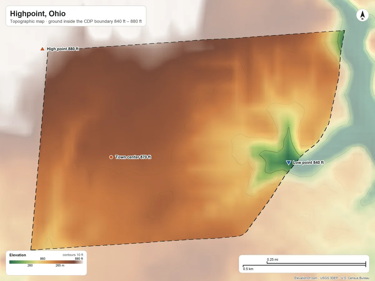 Topographic elevation map of Highpoint, Ohio, shaded from 840 ft on the east side to 880 ft on the northwest side