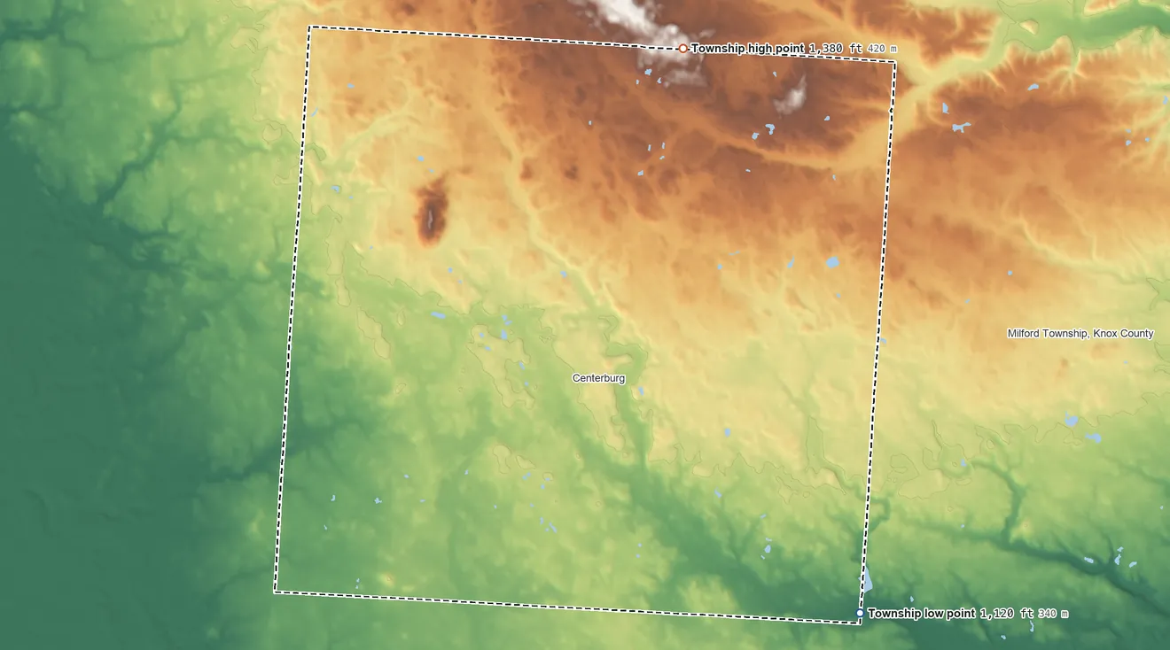 Topographic elevation map of Hilliar Township, Ohio, shaded from 1,120 ft on the southeast side to 1,380 ft on the north side