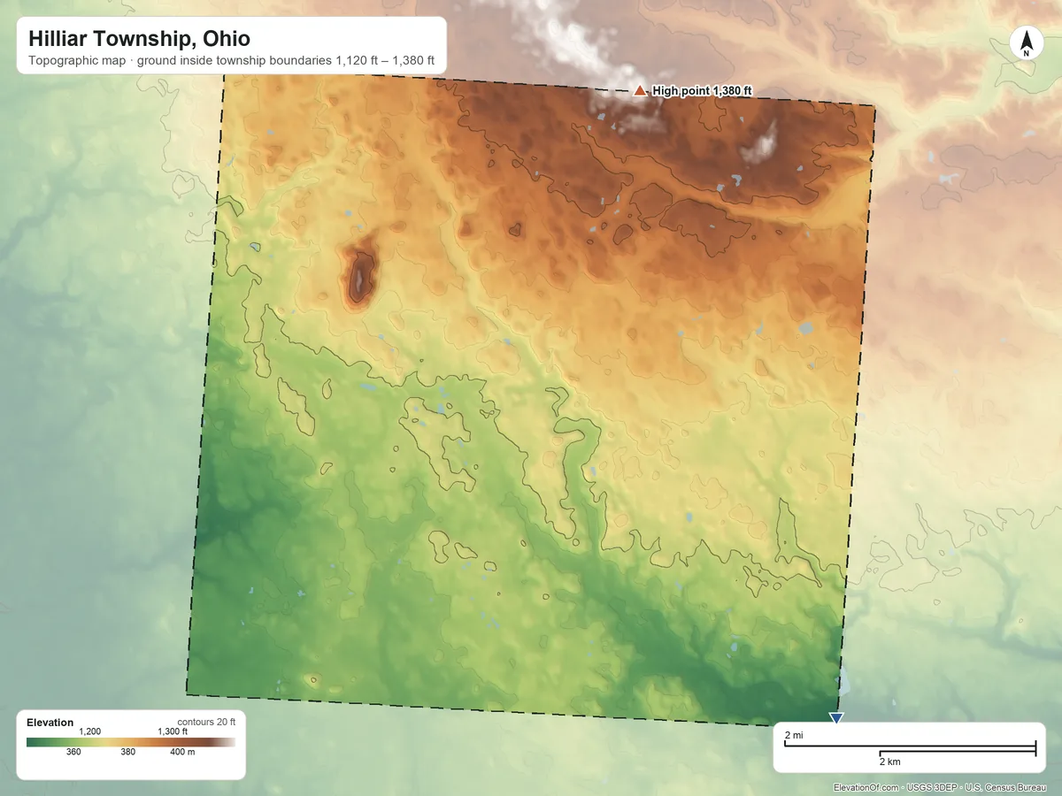 Topographic elevation map of Hilliar Township, Ohio, shaded from 1,120 ft on the southeast side to 1,380 ft on the north side