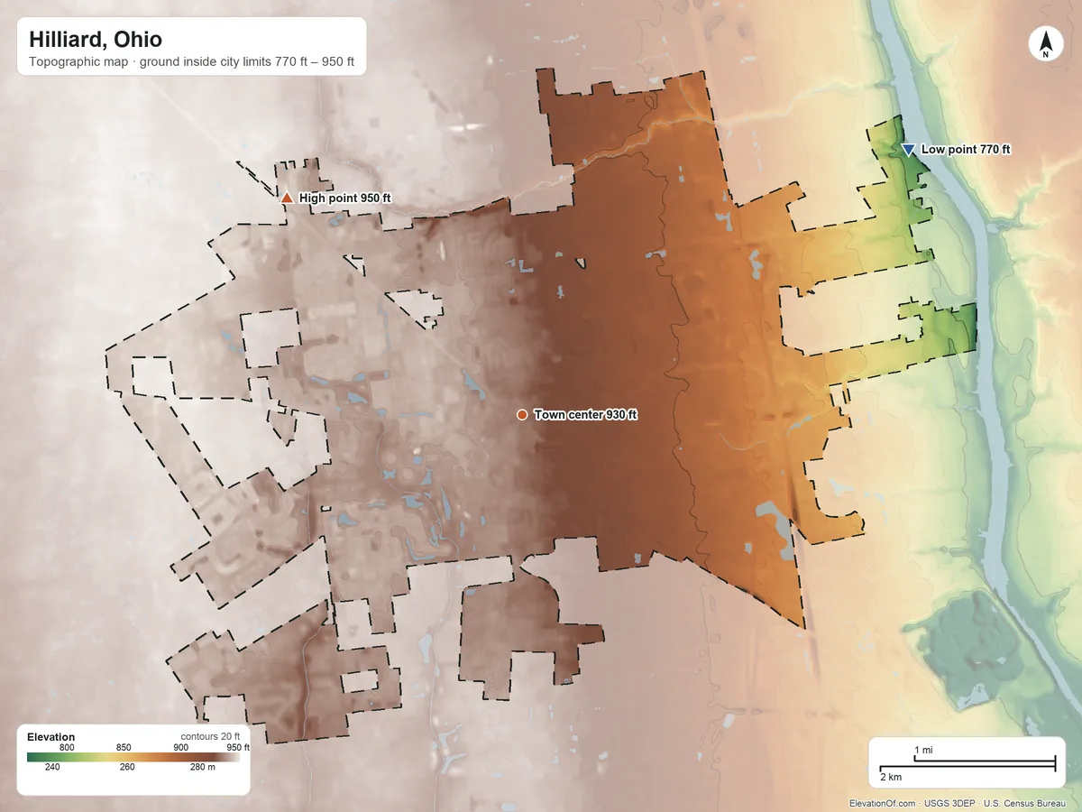 Topographic elevation map of Hilliard, Ohio, shaded from 770 ft on the northeast side to 950 ft on the northwest side