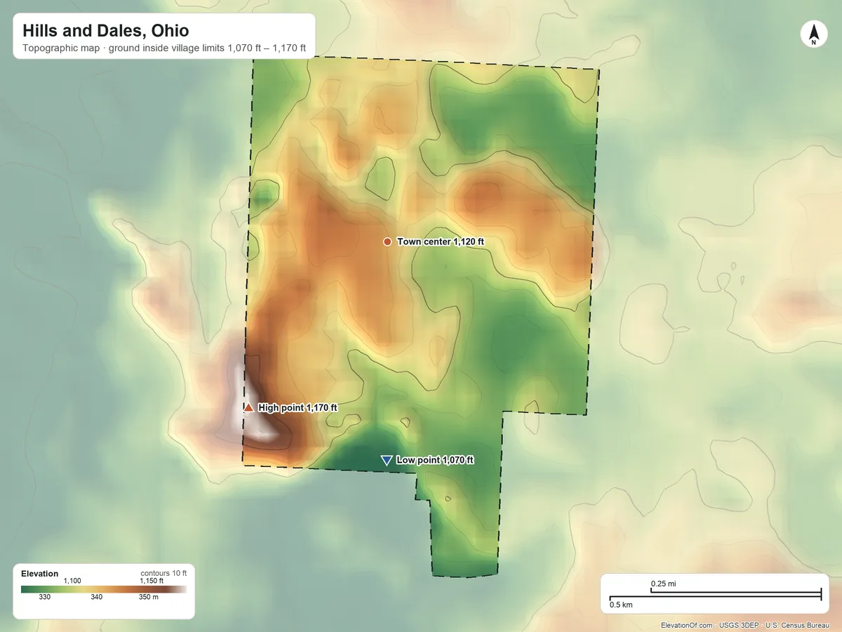 Topographic elevation map of Hills and Dales, Ohio, shaded from 1,070 ft on the south side to 1,170 ft on the southwest side