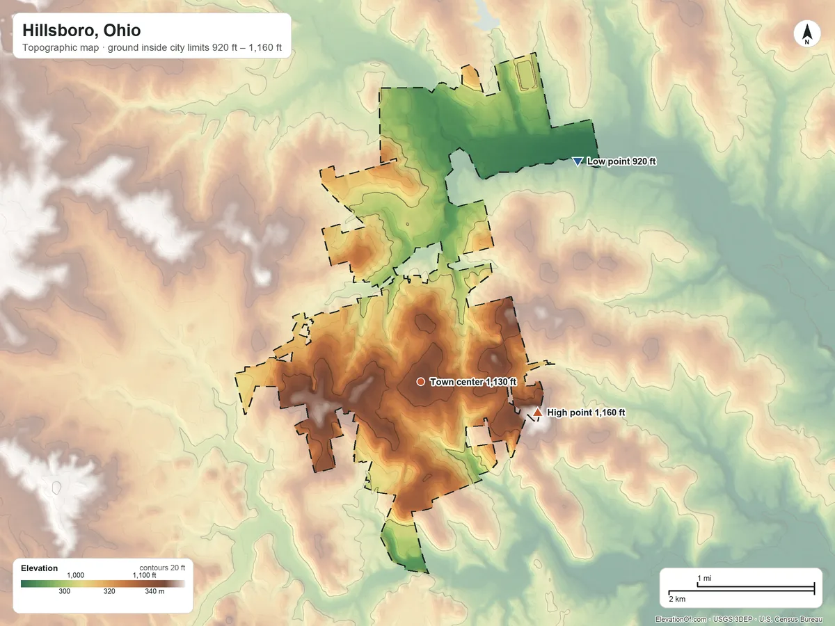 Topographic elevation map of Hillsboro, Ohio, shaded from 920 ft on the northeast side to 1,160 ft on Lilley Hill