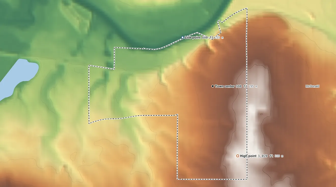 Topographic elevation map of Hilltop, Ohio, shaded from 840 ft on the northwest side to 1,020 ft on the south side