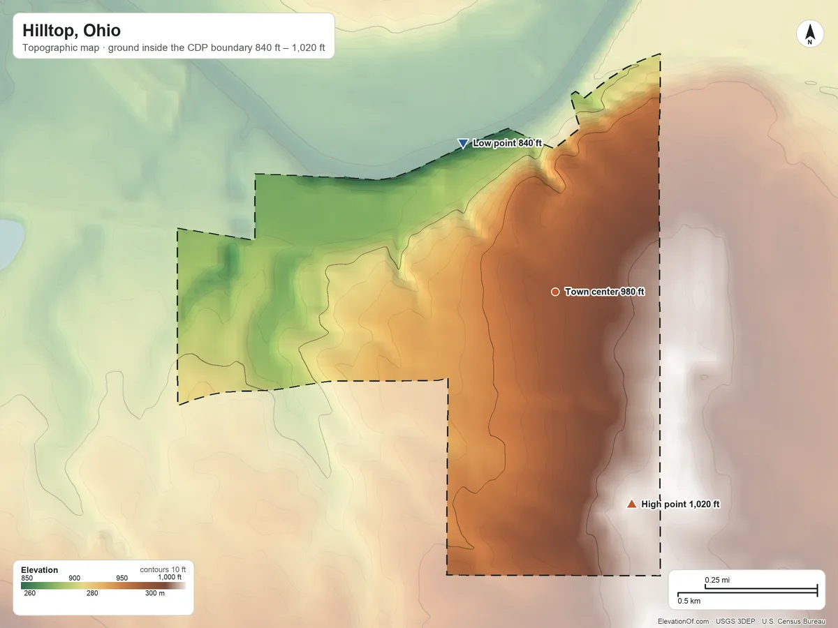 Topographic elevation map of Hilltop, Ohio, shaded from 840 ft on the northwest side to 1,020 ft on the south side