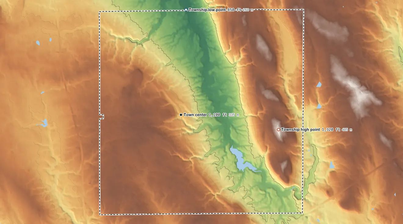 Topographic elevation map of Hinckley Township, Ohio, shaded from 850 ft on the north side to 1,320 ft on the east side
