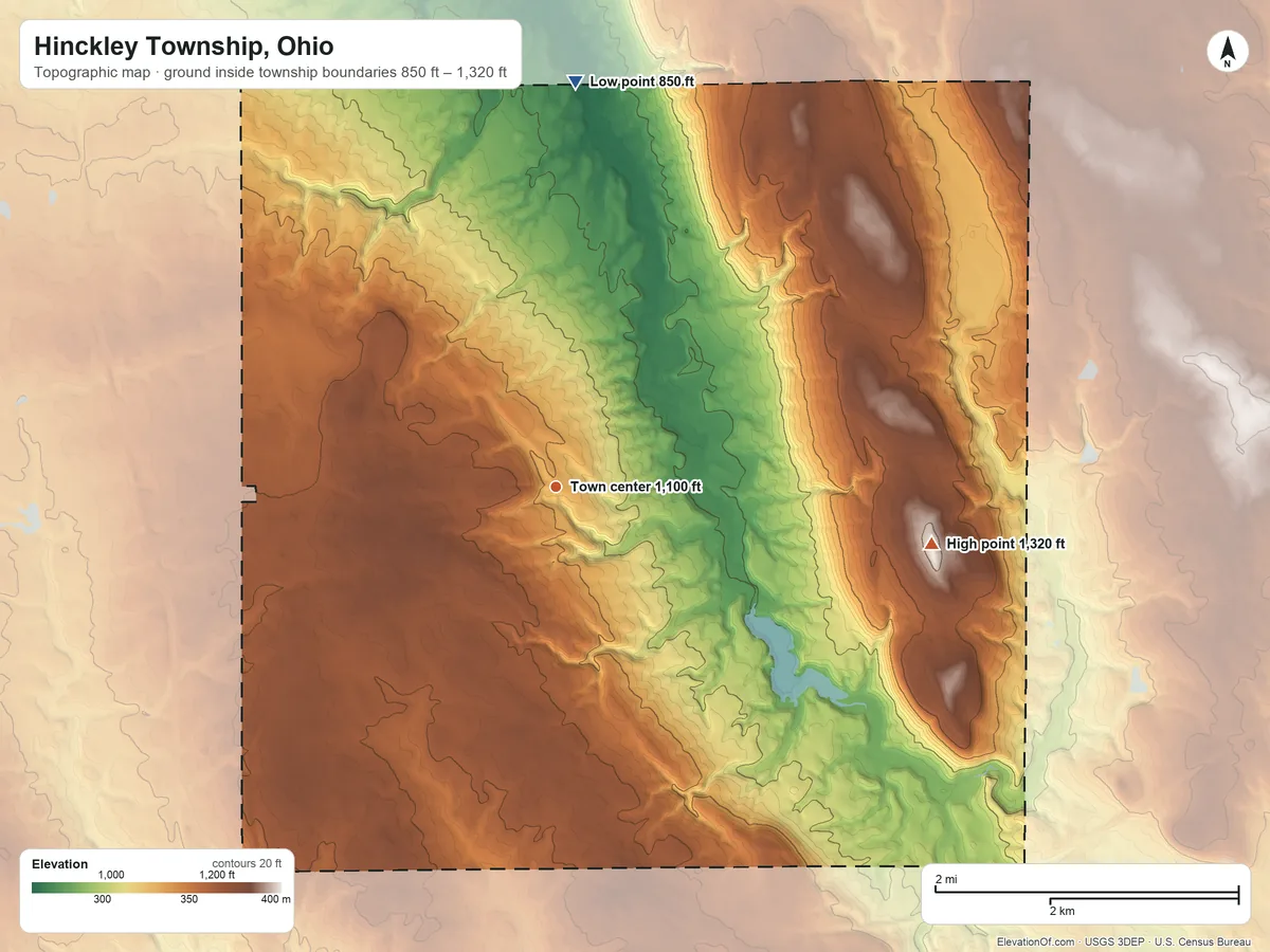 Topographic elevation map of Hinckley Township, Ohio, shaded from 850 ft on the north side to 1,320 ft on the east side