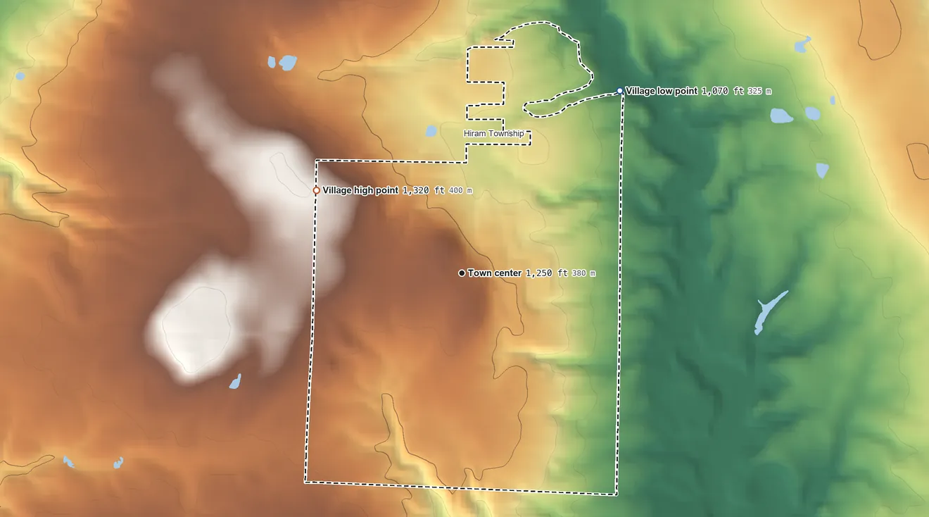 Topographic elevation map of Hiram, Ohio, shaded from 1,070 ft on the northeast side to 1,320 ft on the northwest side