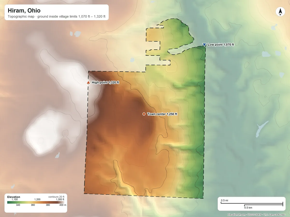 Topographic elevation map of Hiram, Ohio, shaded from 1,070 ft on the northeast side to 1,320 ft on the northwest side