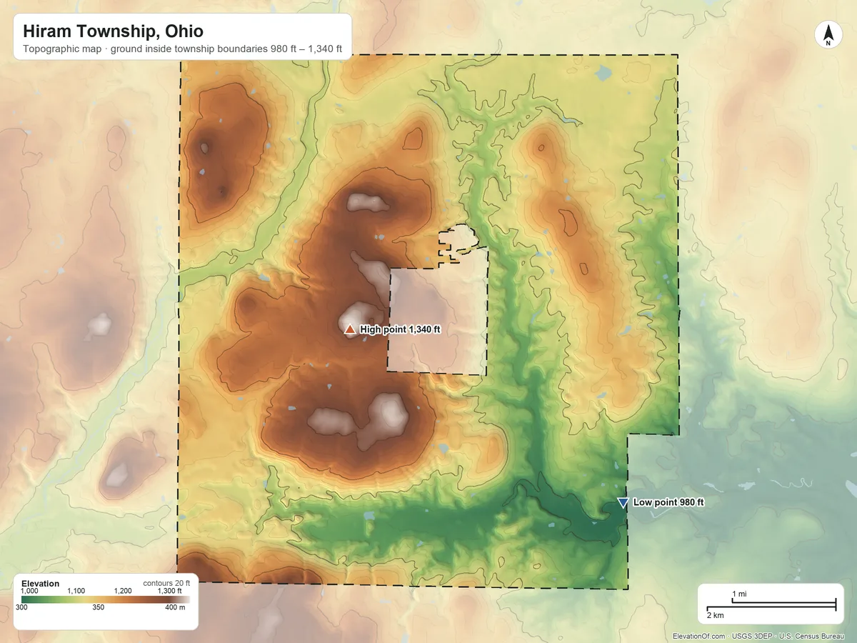 Topographic elevation map of Hiram Township, Ohio, shaded from 980 ft on the southeast side to 1,340 ft on Derthick Hill