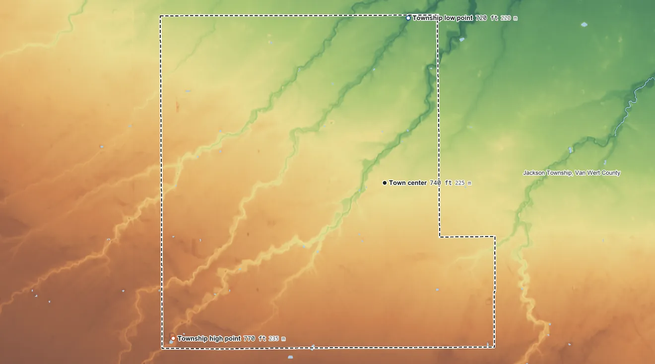 Topographic elevation map of Hoaglin Township, Ohio, shaded from 720 ft on the north side to 770 ft on the southwest side