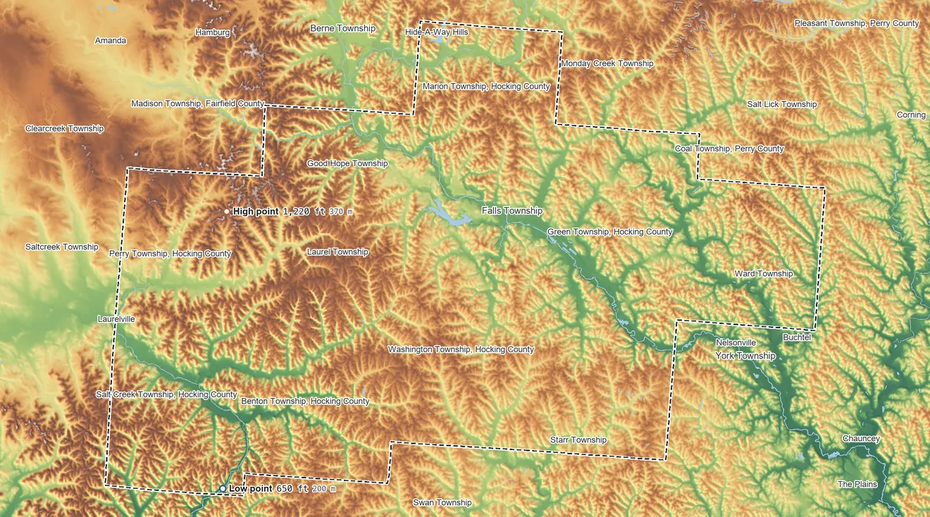 Topographic elevation map of Hocking County, Ohio, shaded from 650 ft on the southwest side to 1,220 ft on the west side