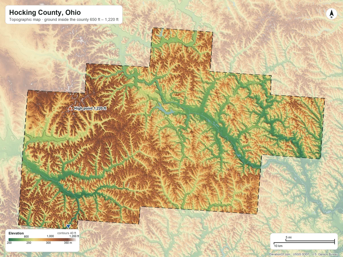 Topographic elevation map of Hocking County, Ohio, shaded from 650 ft on the southwest side to 1,220 ft on the west side