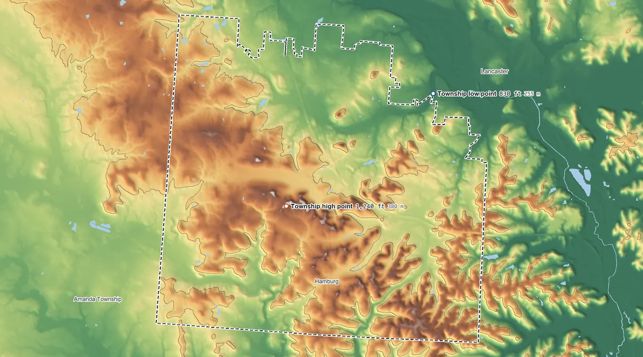 Topographic elevation map of Hocking Township, Ohio, shaded from 830 ft on the northeast side to 1,240 ft on the west side