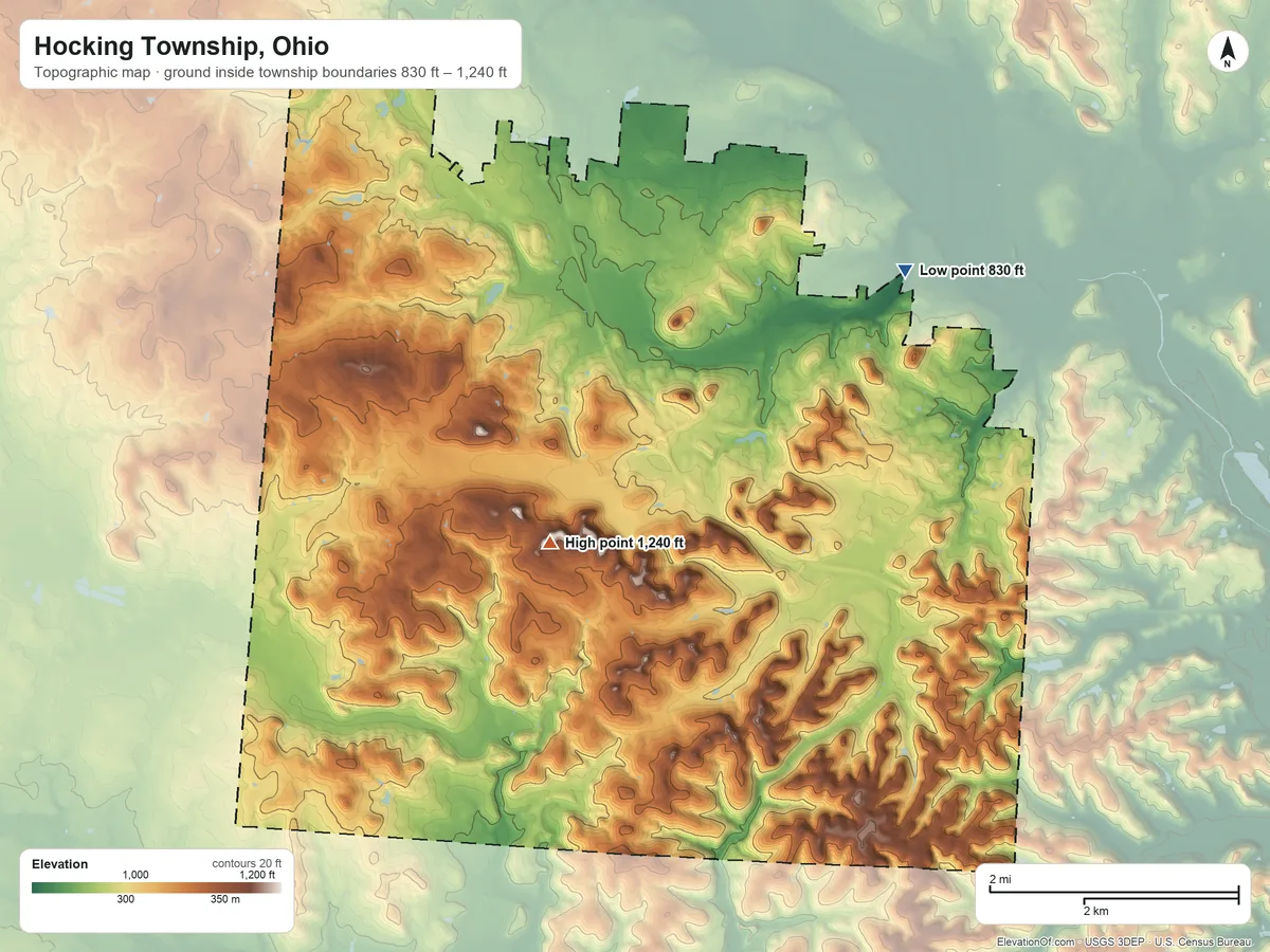 Topographic elevation map of Hocking Township, Ohio, shaded from 830 ft on the northeast side to 1,240 ft on the west side
