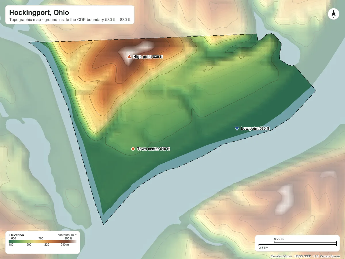 Topographic elevation map of Hockingport, Ohio, shaded from 580 ft on the east side to 830 ft on the north side
