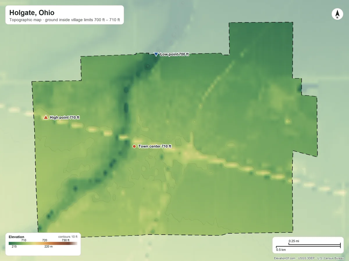Topographic elevation map of Holgate, Ohio, shaded from 700 ft on the north side to 710 ft on the west side