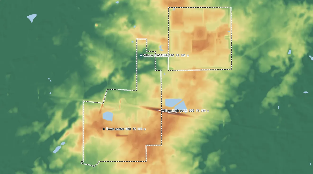 Topographic elevation map of Holiday City, Ohio, shaded from 870 ft on the northeast side to 920 ft on the east side