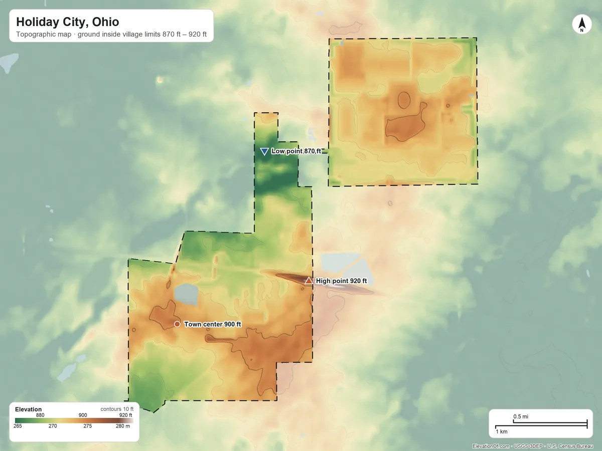 Topographic elevation map of Holiday City, Ohio, shaded from 870 ft on the northeast side to 920 ft on the east side