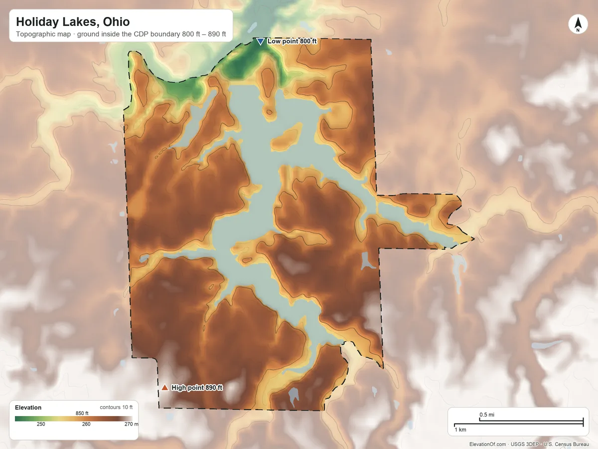 Topographic elevation map of Holiday Lakes, Ohio, shaded from 800 ft on the north side to 890 ft on the southwest side