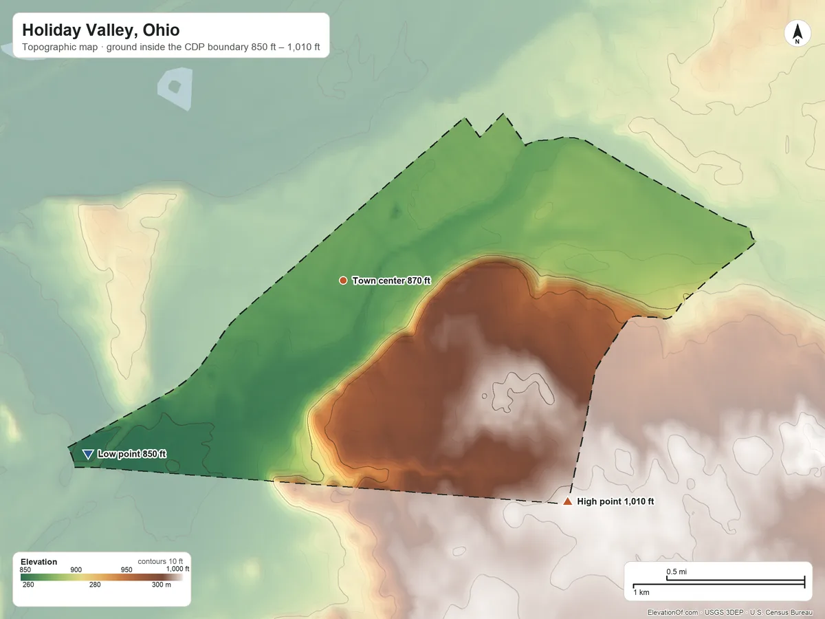 Topographic elevation map of Holiday Valley, Ohio, shaded from 850 ft on the southwest side to 1,010 ft on the southeast side