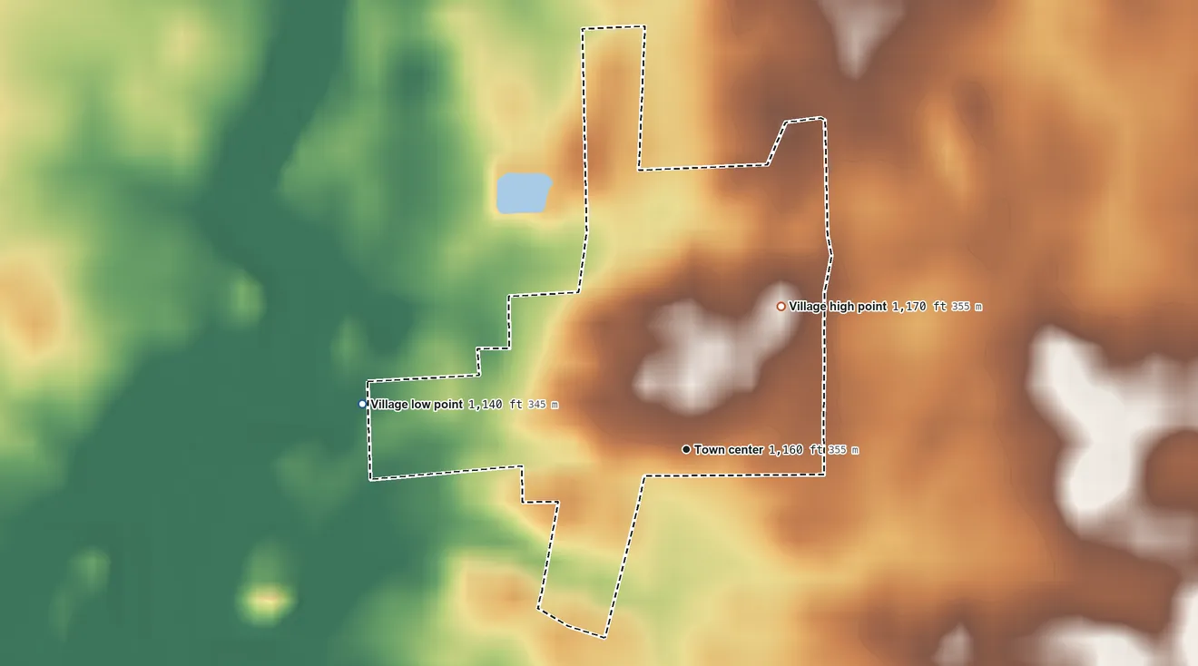 Topographic elevation map of Hollansburg, Ohio, shaded from 1,140 ft on the west side to 1,170 ft on the northeast side