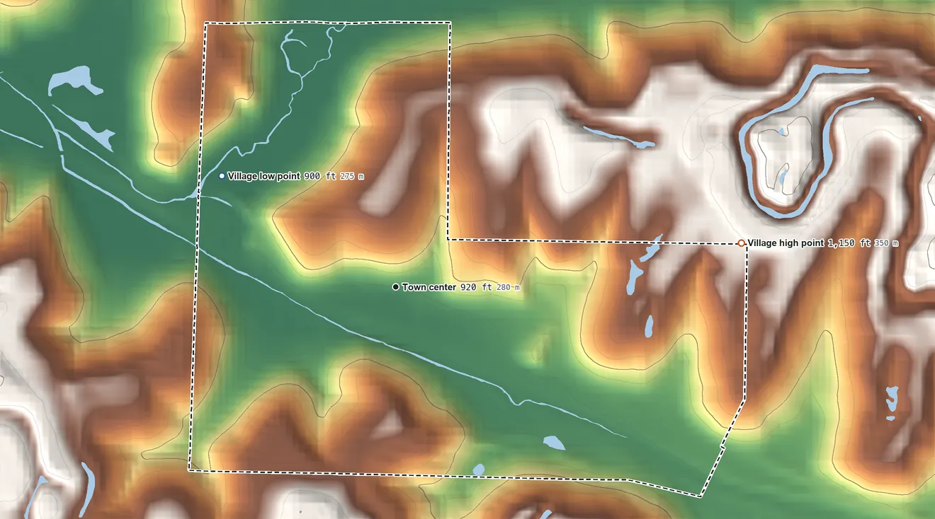 Topographic elevation map of Holloway, Ohio, shaded from 900 ft on the northwest side to 1,150 ft on the east side