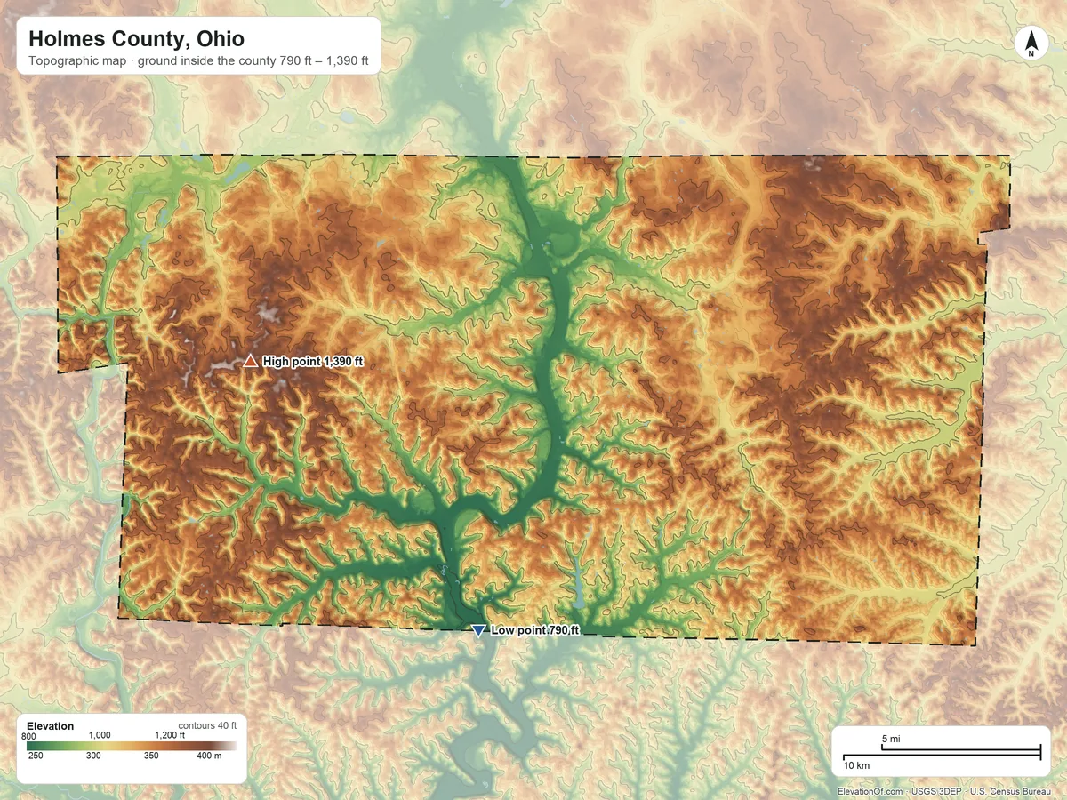Topographic elevation map of Holmes County, Ohio, shaded from 790 ft on the south side to 1,390 ft on the west side