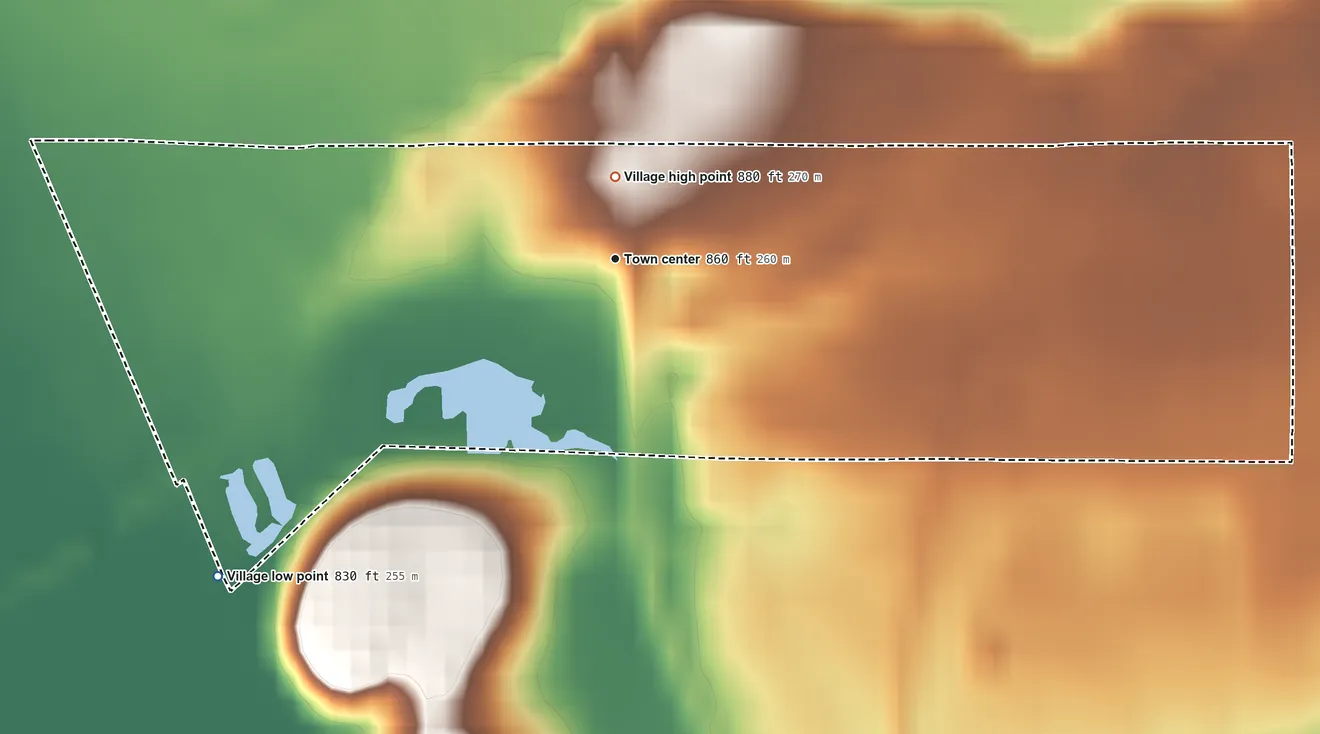 Topographic elevation map of Holmesville, Ohio, shaded from 830 ft on the southwest side to 880 ft near the middle