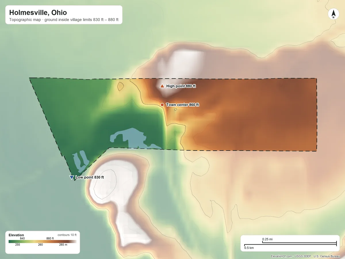 Topographic elevation map of Holmesville, Ohio, shaded from 830 ft on the southwest side to 880 ft near the middle
