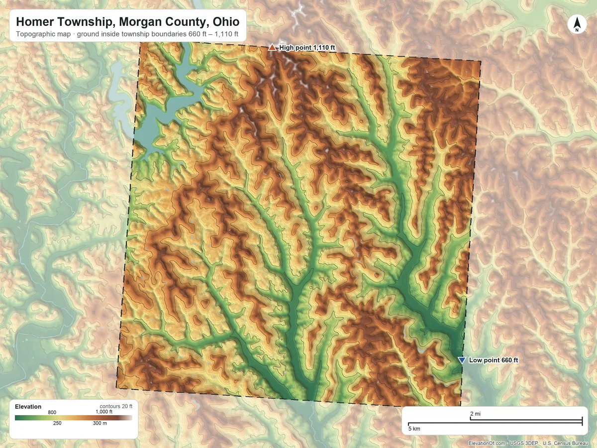Topographic elevation map of Homer Township, Morgan County, Ohio, shaded from 660 ft on the southeast side to 1,110 ft on the north side