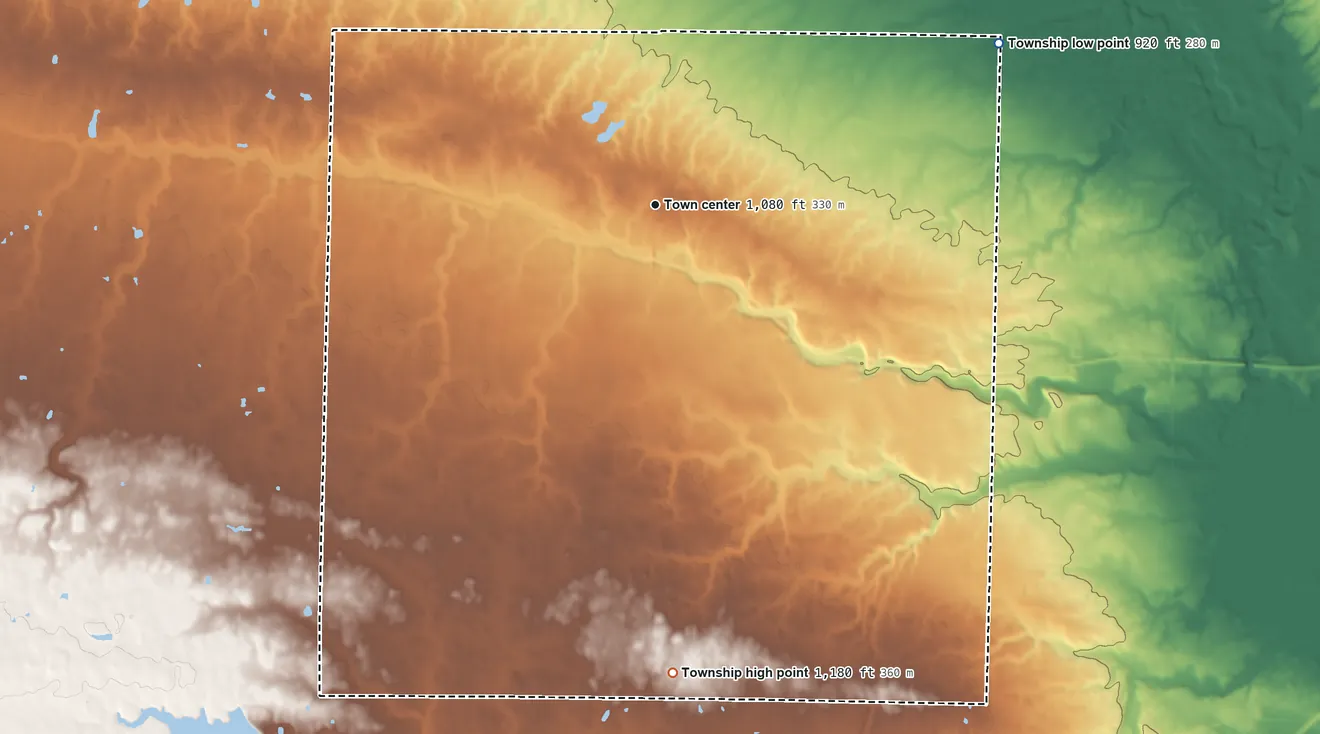 Topographic elevation map of Homer Township, Ohio, shaded from 920 ft on the northeast side to 1,180 ft on the south side